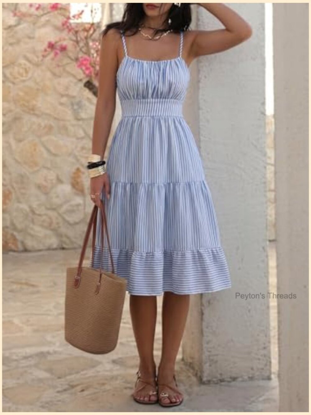 Striped Spaghetti Strap Mini Sundress, High Waist Ruffled - Picture 2 of 7